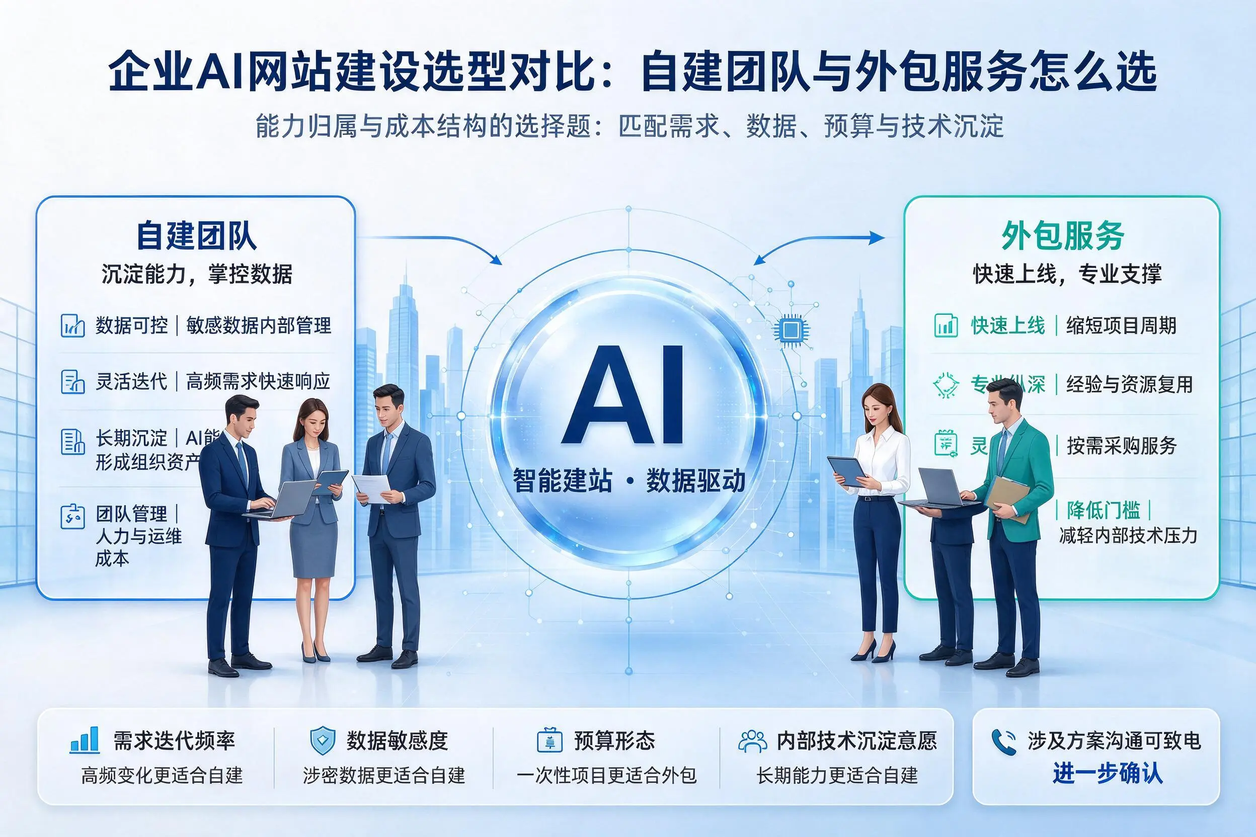 石嘴山企业AI网站建设选型对比：自建团队与外包服务怎么选